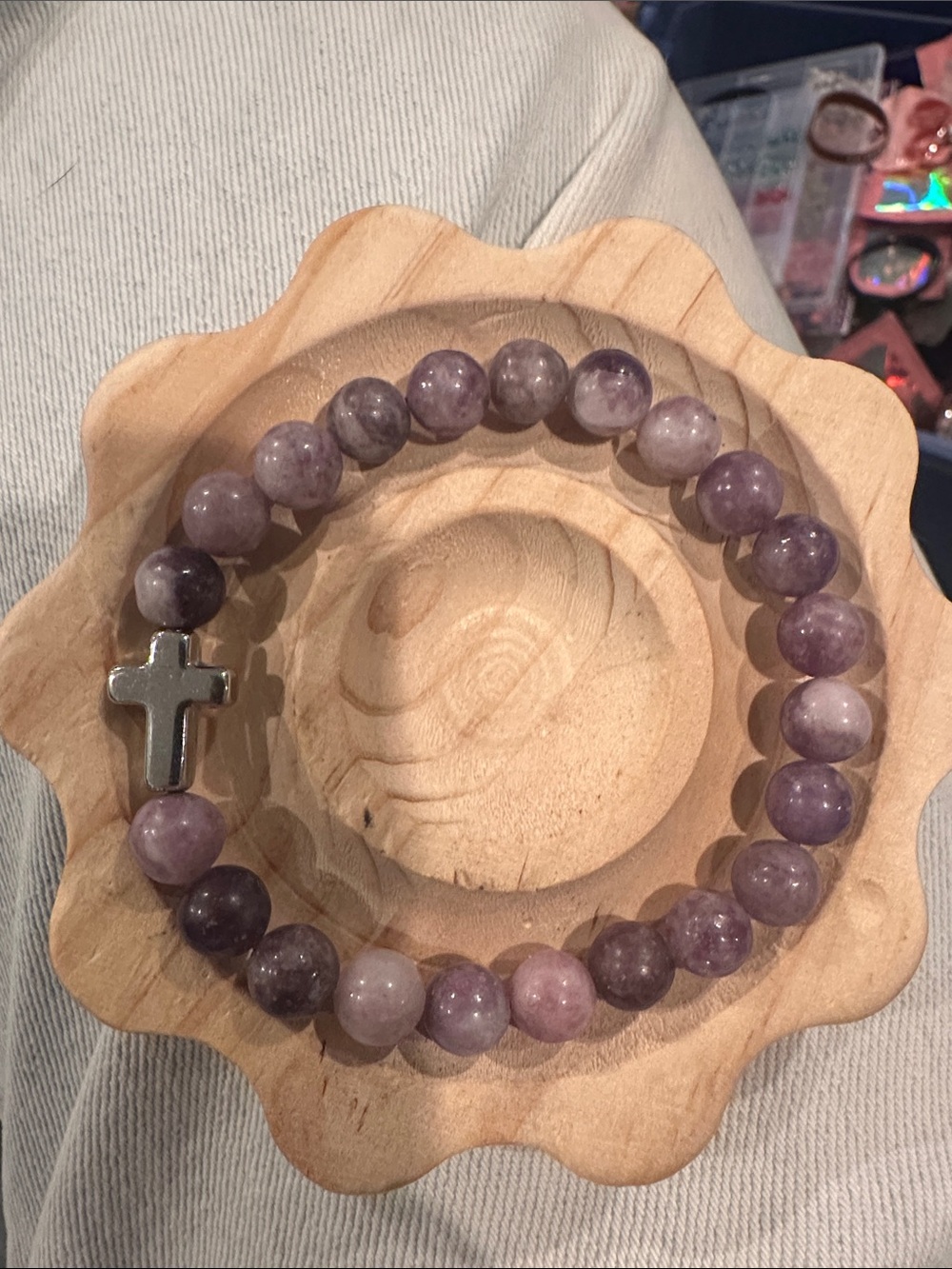 Amethyst purple Beaded Stretch Bracelet with Metal Cross